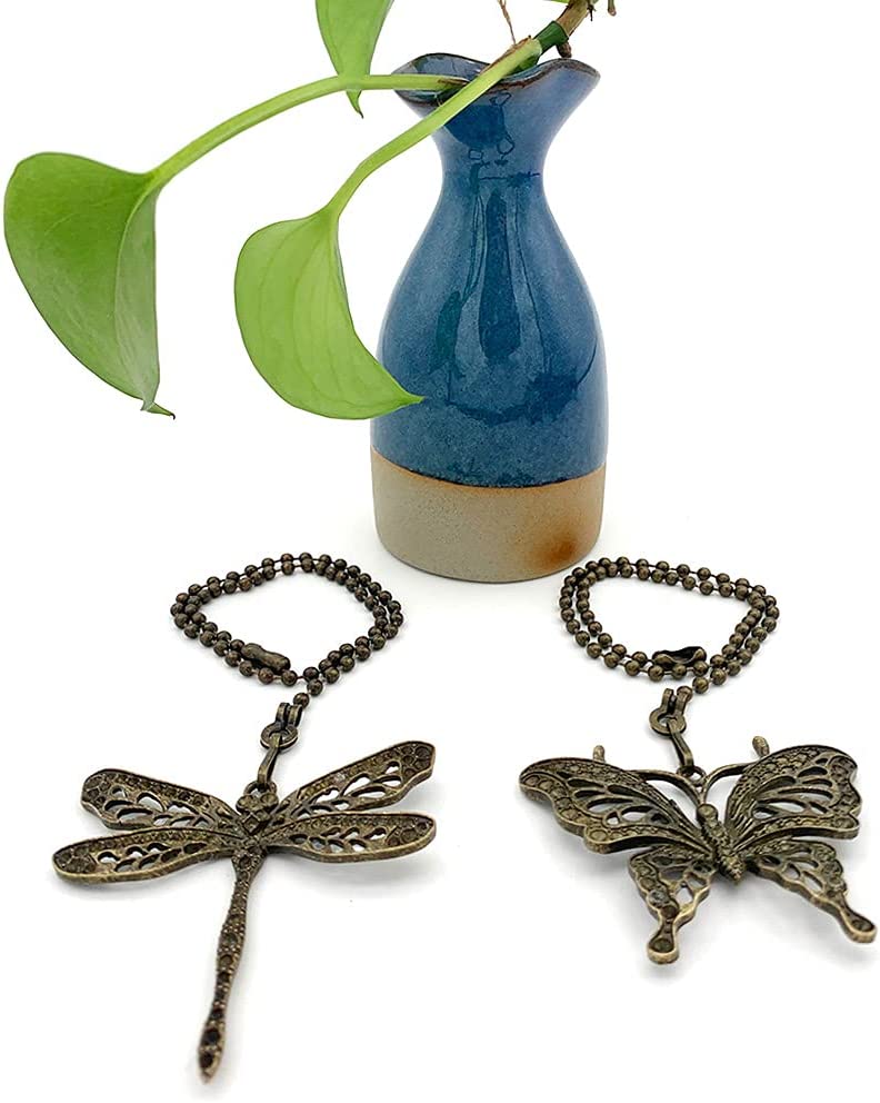 Dotlite Bronze Ceiling Fan Pull Chain Set,Decorative Fan Pull Chain Pendant Extension,12 Inches Lighting & Fan Beaded Ball Fan Pull Chain Extender with Connector,Dragonfly and Butterfly,2Pack (Bronze)