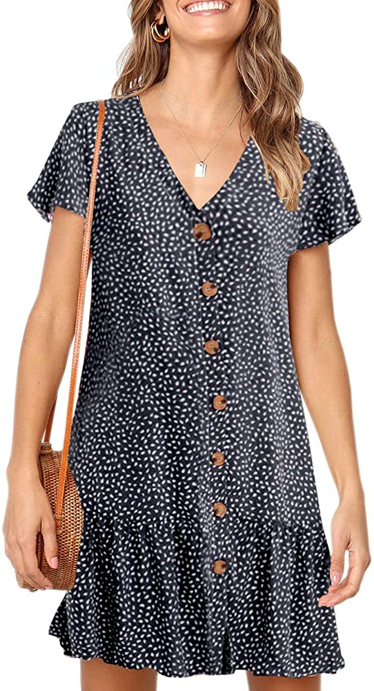 Womens Polka Dot V Neck Button Down Ruffles Loose Mini Short T-Shirt Dress