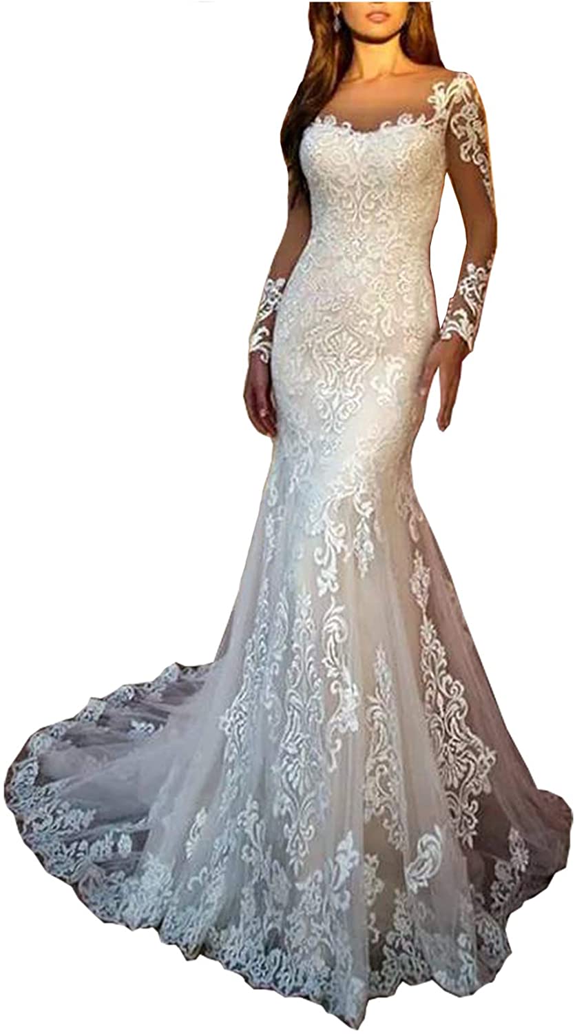 Women's Lace Chiffon Beach Wedding Dresses for Bride 2022 with Sleeves Long Bridal Gown