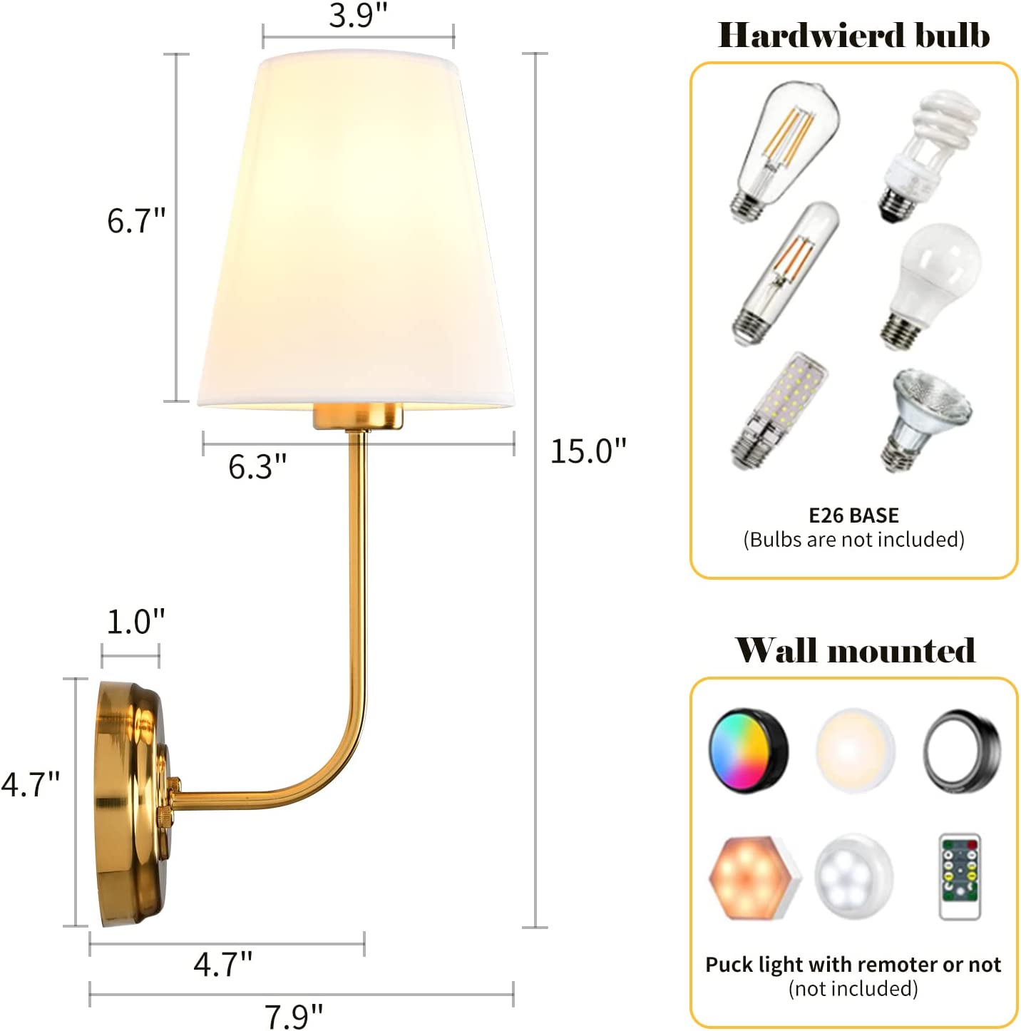 Wall Sconce Light Fixture Indoor Modern Sconces Wall Lighting Set of 2 with Flared White Fabric Shade Gold Vintage Industrial Wall Sconce Light for Bathroom Living Room Bedrooms Bedside Reading