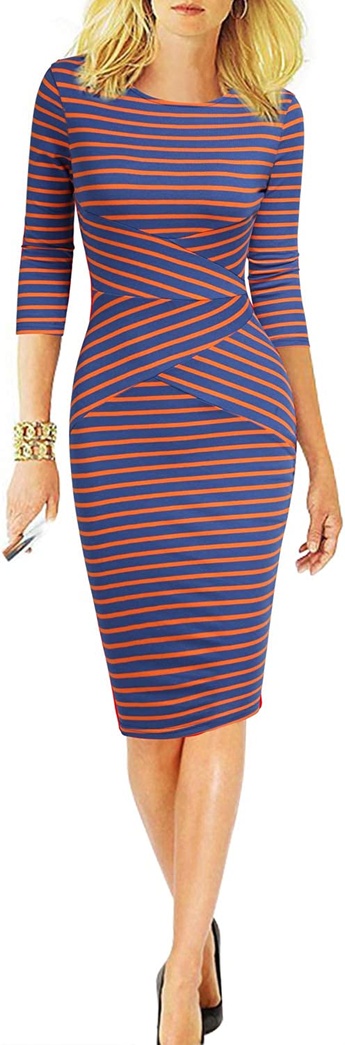 Women 3/4 Sleeve Striped Wear to Work Business Cocktail Pencil Dress