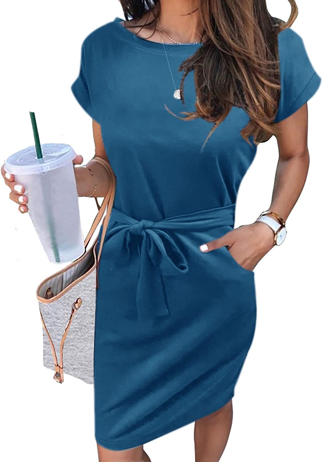 Women's Summer Striped Short Sleeve T Shirt Dress Casual Tie Waist Midi Dress