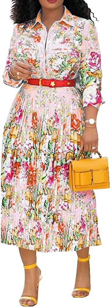 Lapel Three-Quarter Sleeve Knee Length Pleated Floral Women's Sheath Dress