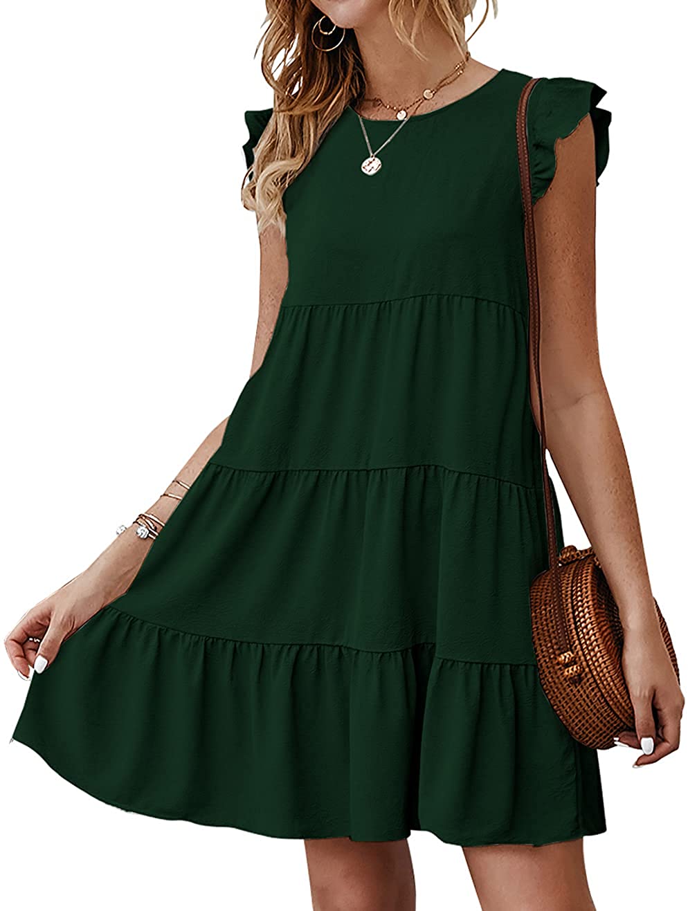Women’s Summer Dress Sleeveless Ruffle Sleeve Round Neck Mini Dress Solid Color Loose Fit Short Flowy Pleated Dress