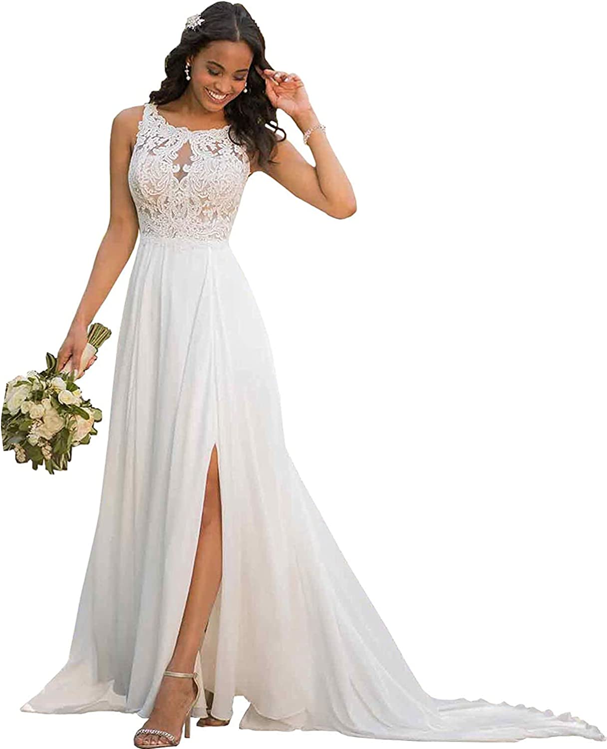 Women's A-line Chiffon Slit Beach Wedding Dresses for Bride Lace Boho Bridal Gowns
