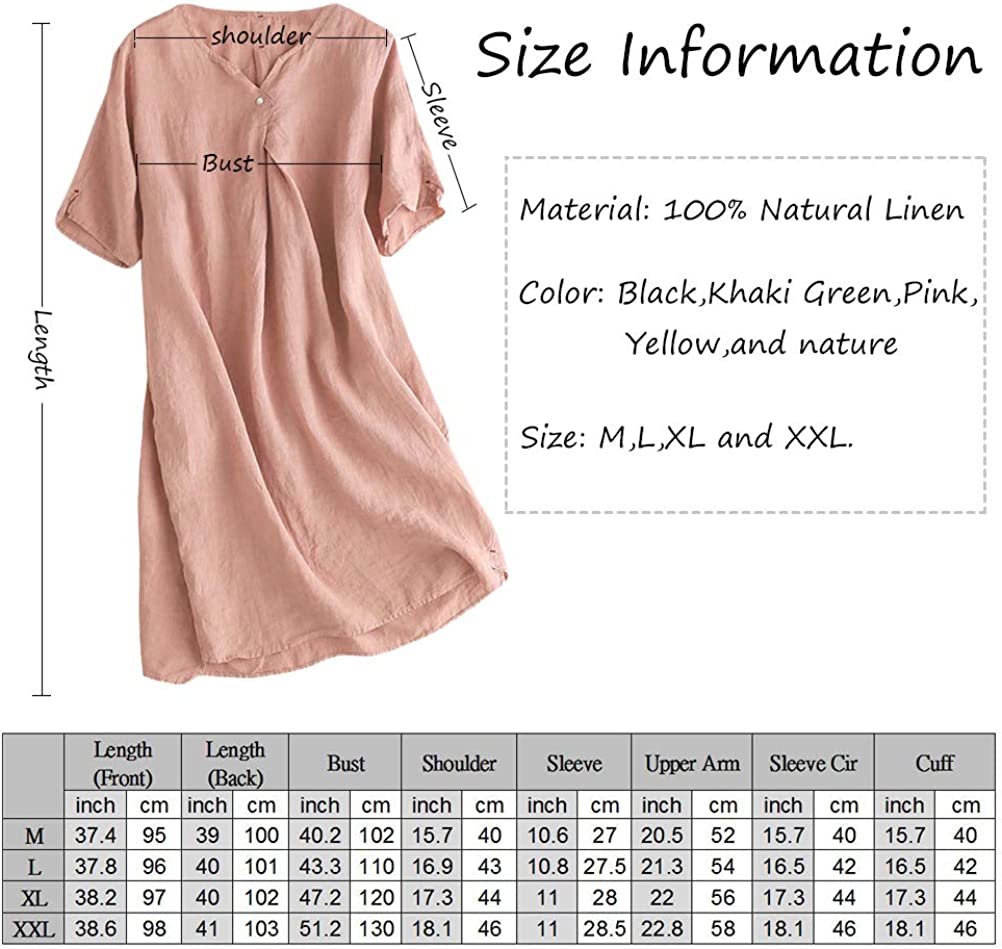 Women's Linen Tunic Dresses V-Neck Baggy Midi Dress Hi-Low Tops