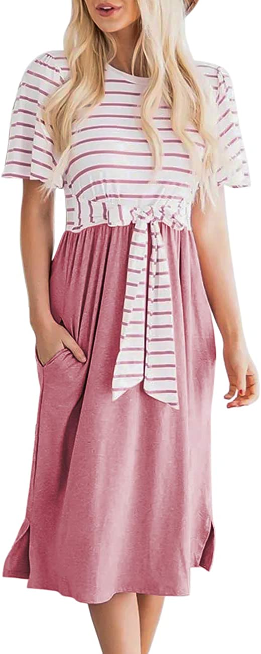 Women's Summer Striped Ruffle Sleeves Tie Waist Pockets Casual Swing Midi Dress