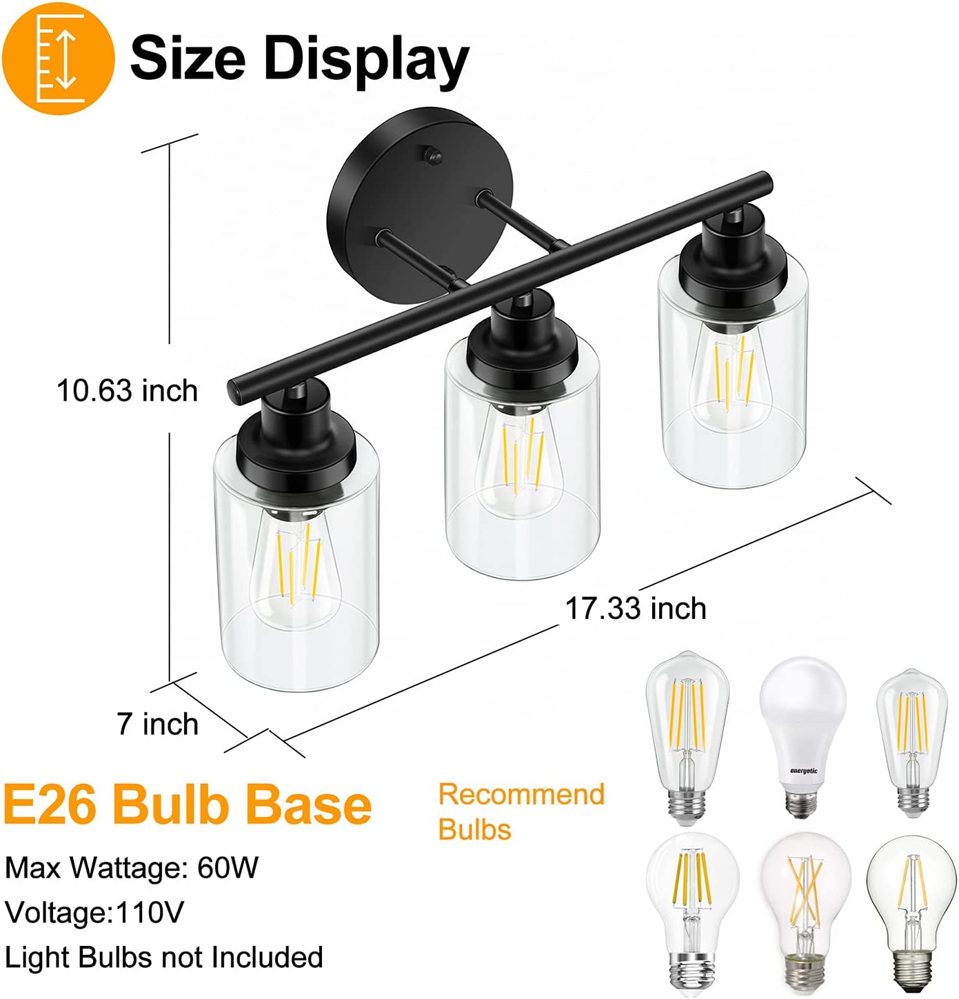 Bathroom Light Fixtures Black Vanity Light, 3 Light Wall Sconces Lighting Bathroom Lights with Clear Glass Shades, Bath Wall Lights Wall Lamp for Mirror, Kitchen, Living Room, Bedroom, Hallway