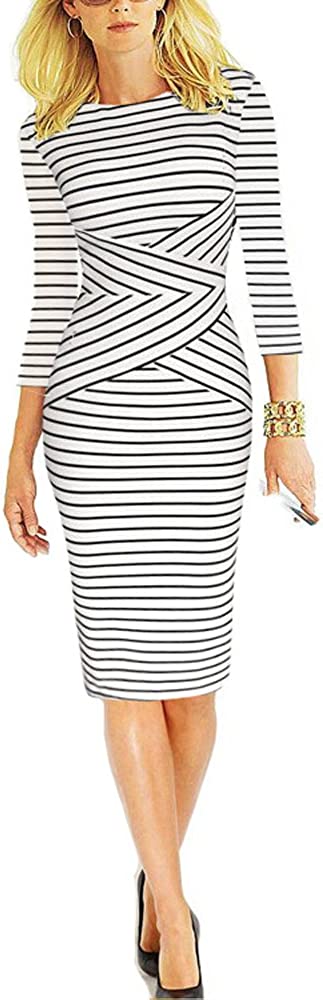 Women 3/4 Sleeve Striped Wear to Work Business Cocktail Pencil Dress