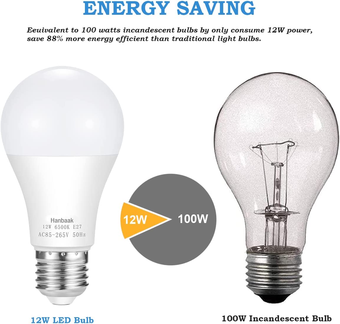 100W Equivalent Light Bulb, Hanbaak 12W E27 LED Bulbs Medium Screw Base, Non-Dimmable, Daylight White 6500K 4-Pack