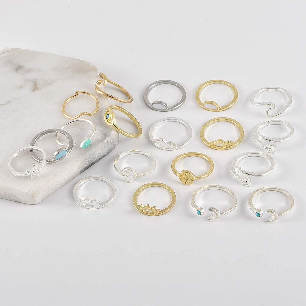 Boho Retro Stackable Rings Sets for Teens Girls Women,Peak Sea Wave Compass Turquoise Rhinestone Knuckle Joint Finger Kunckle Nail Ring Sets