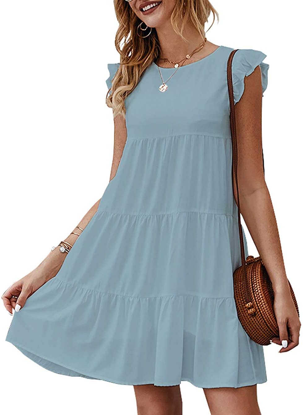 Women’s Summer Dress Sleeveless Ruffle Sleeve Round Neck Mini Dress Solid Color Loose Fit Short Flowy Pleated Dress