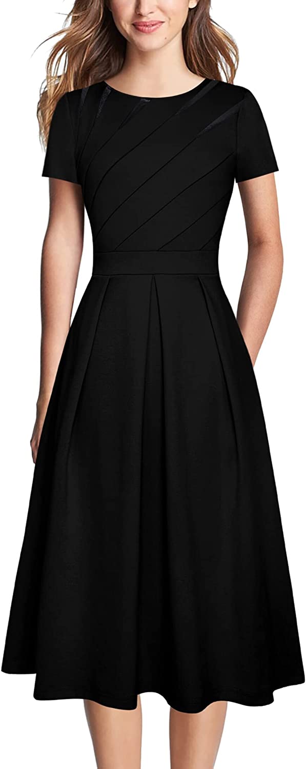 Womens Elegant Crew Neck Patchwork Pleated Work Business Office Casual Dress