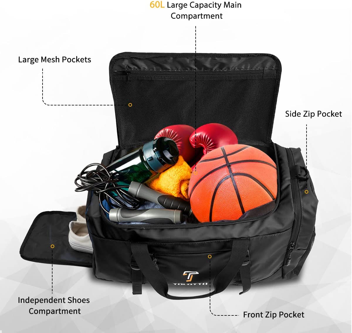 Sport Gym Bag for Men, Tolotto Travel Duffel Bag with Wet Pocket & Shoes Compartment for Men/Women - Carry on Shoulder Weekender Bag, Lightweight & Waterproof (Black)
