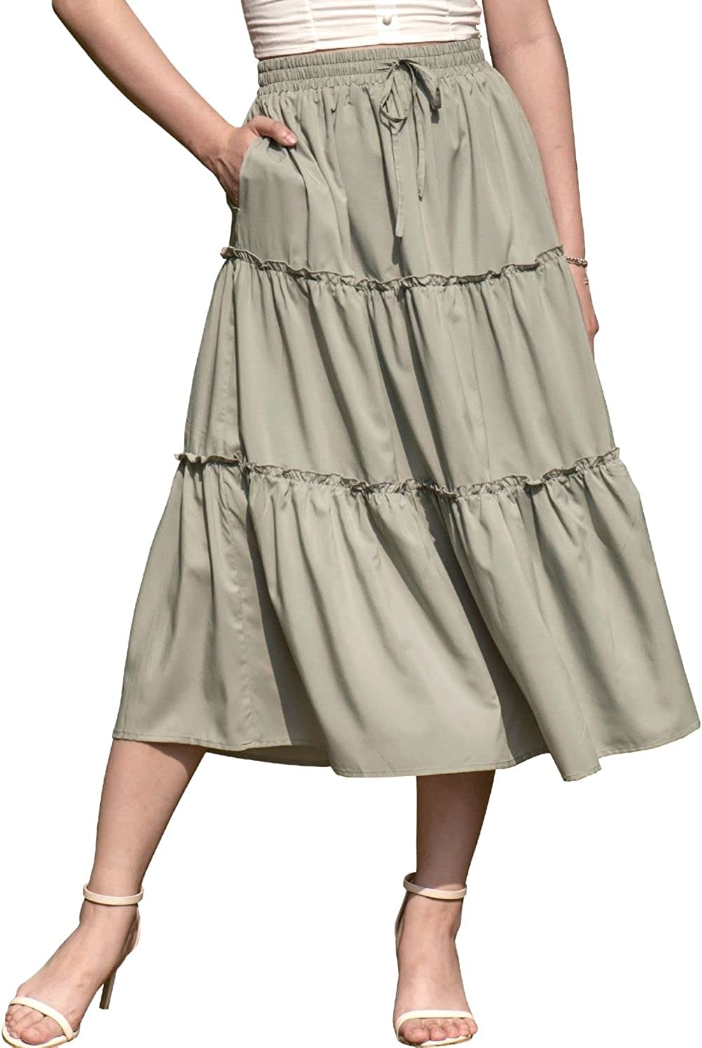 Women's Boho Elastic High Waist A Line Ruffle Swing Beach Maxi Skirt with Pockets