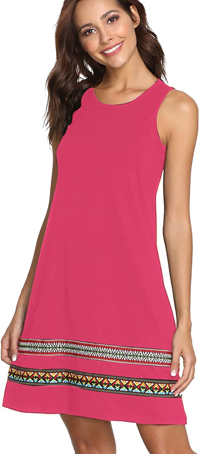 Women's Summer Boho Sleeveless Embroidered Hem Loose Casual Tank Dress