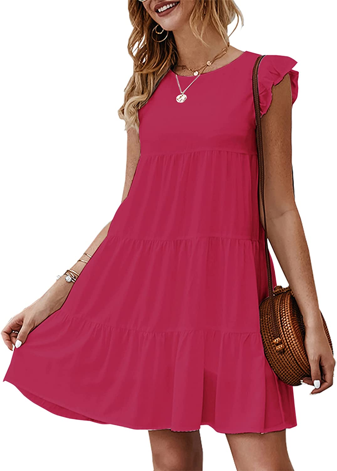 Women’s Summer Dress Sleeveless Ruffle Sleeve Round Neck Mini Dress Solid Color Loose Fit Short Flowy Pleated Dress