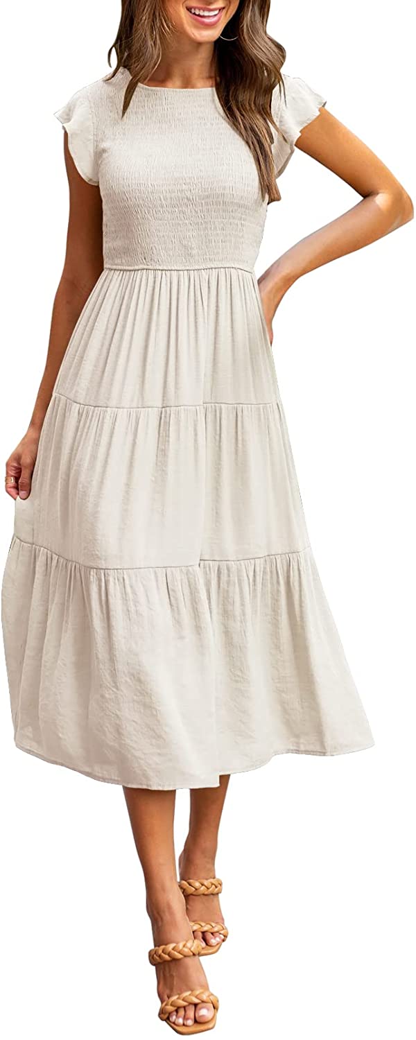 Women's Summer Casual Midi Maxi Dress Boho Flutter Sleeve Smocked A-Line Long Dress