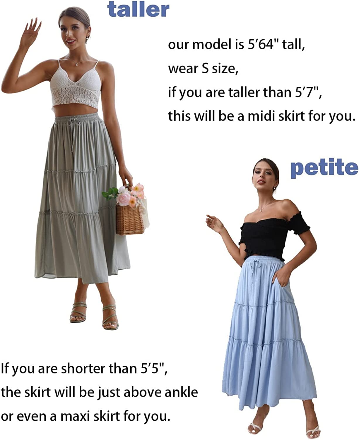 Women's Boho Elastic High Waist A Line Ruffle Swing Beach Maxi Skirt with Pockets