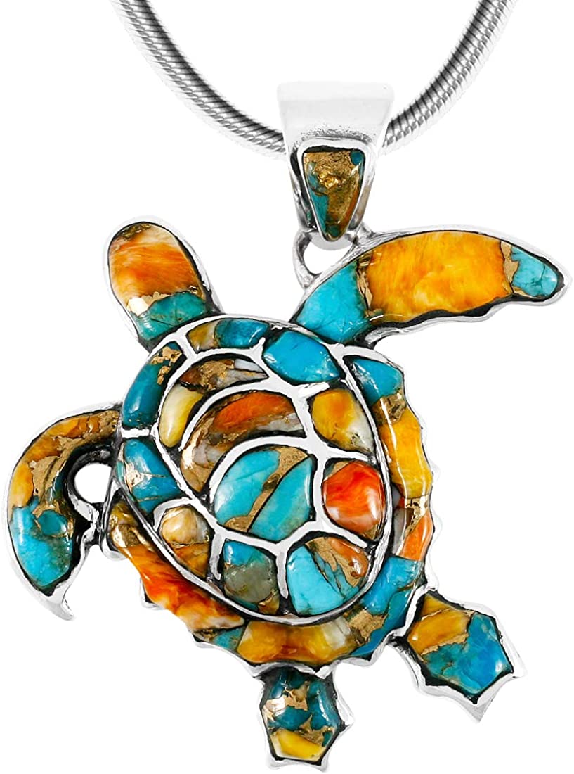 Turtle Pendant Necklace in Sterling Silver 925 & Genuine Gemstones