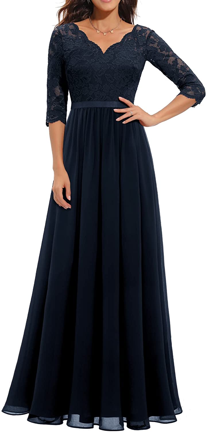 Women's Formal Floral Lace Maxi Dress Evening Party Elegant V-Neck Dresses for Wedding Guest