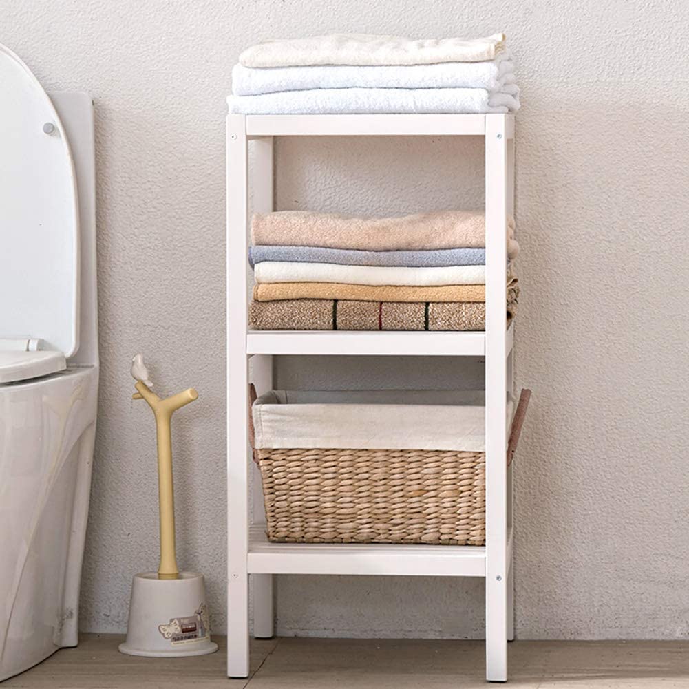 Solid Wood Storage Rack - 3-Tier All Lumber Floor Standing Shelving Unit with Adjustable Feet for Home, Bathroom Towels Shelves Organizer, Easy Assembly and Full Upgraded in 2022, White