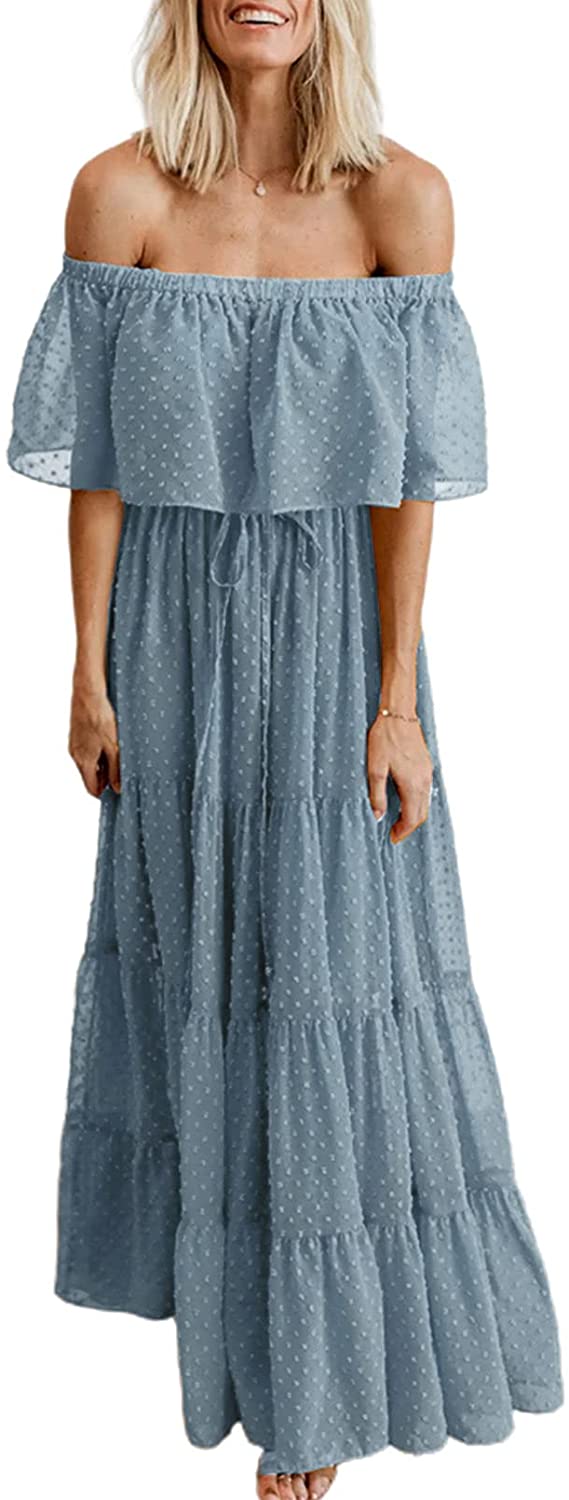 Womens Casual Floral Lace Swiss Dots Off The Shoulder Long Evening Dress Cocktail Party Maxi Wedding Dresses