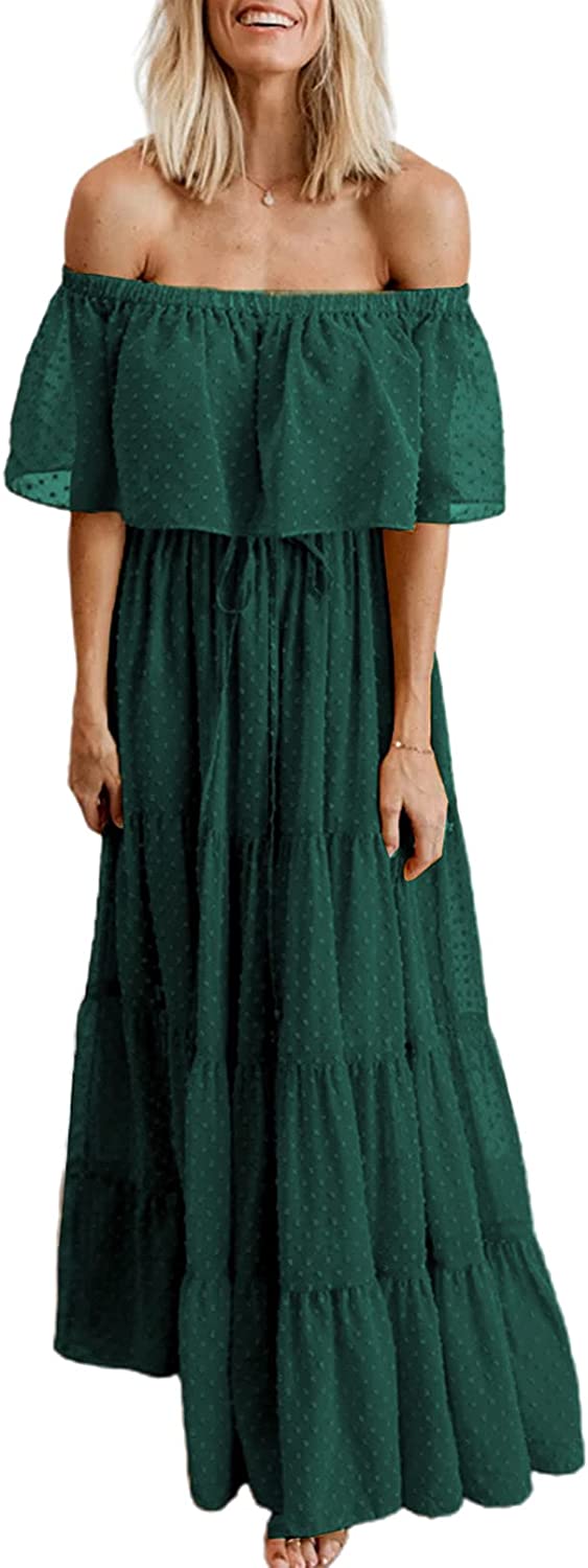 Womens Casual Floral Lace Swiss Dots Off The Shoulder Long Evening Dress Cocktail Party Maxi Wedding Dresses