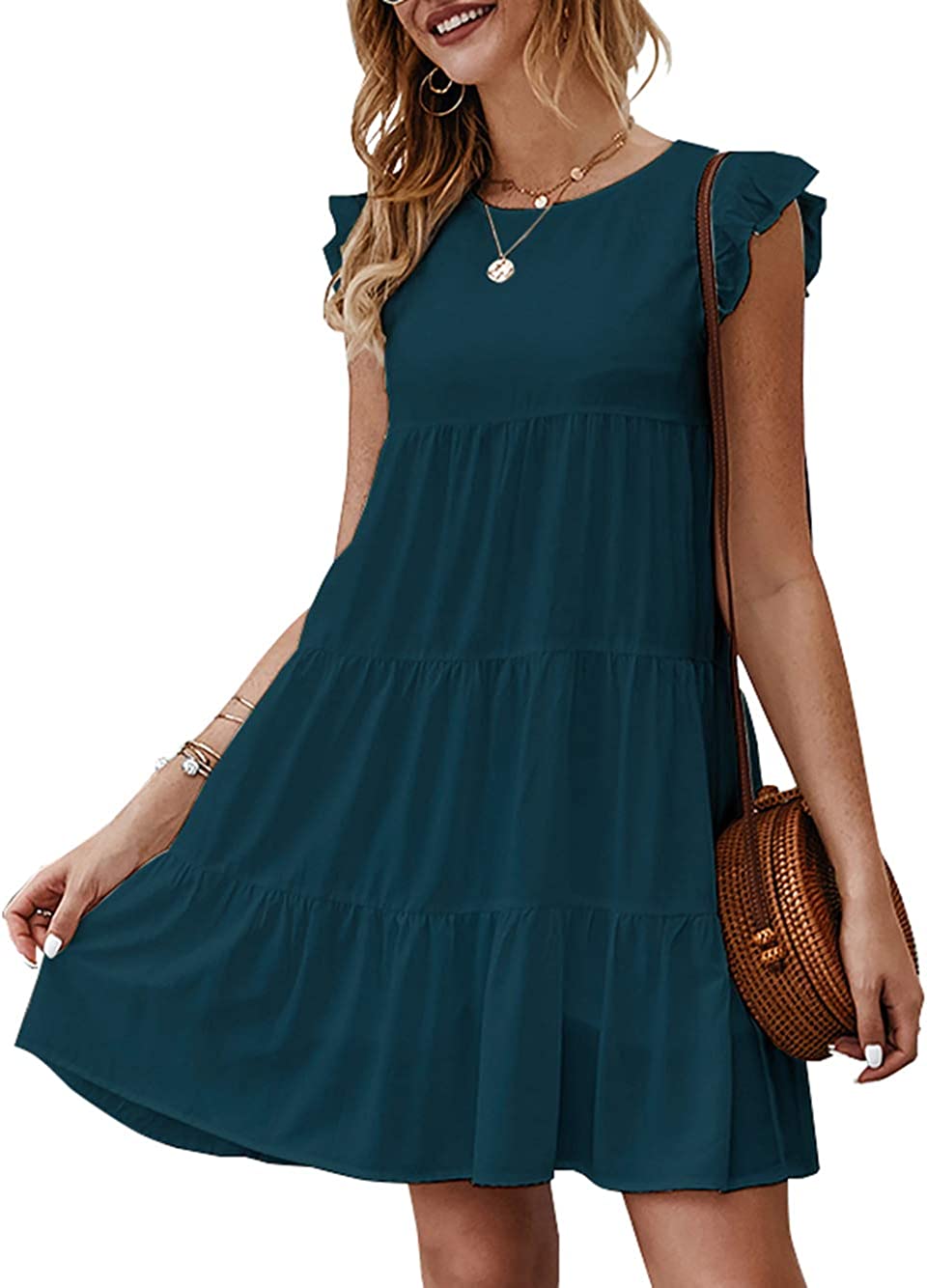 Women’s Summer Dress Sleeveless Ruffle Sleeve Round Neck Mini Dress Solid Color Loose Fit Short Flowy Pleated Dress