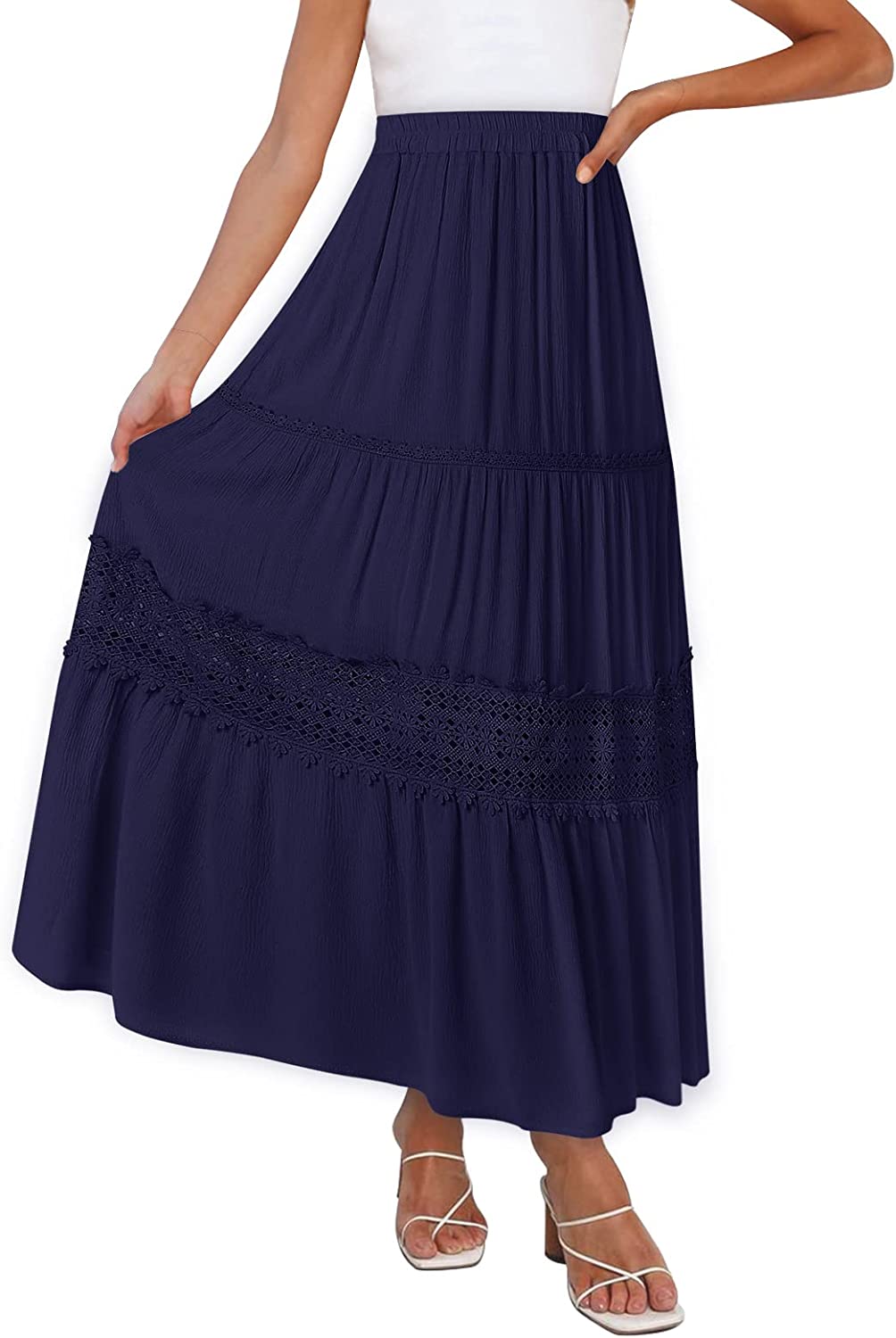 Women's Boho Elastic High Waist Pleated A-line Ruffle Lace Trim Tiered Midi Maxi Skirt with Pockets