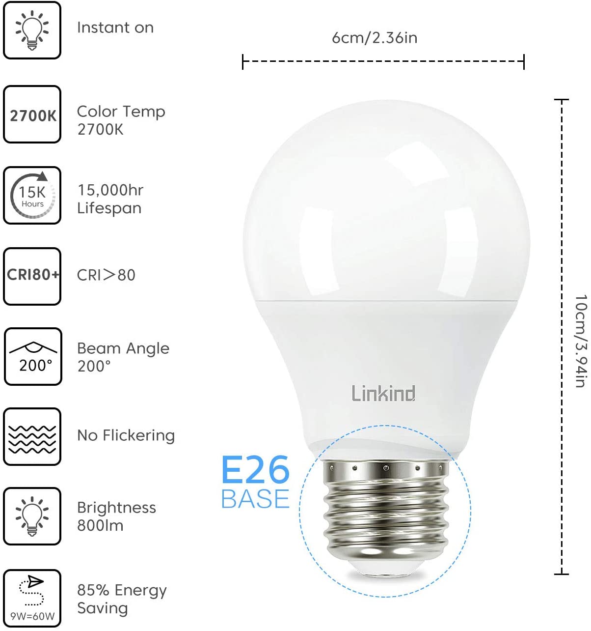 60W Equivalent, Linkind A19 LED Light Bulb, 9W 2700K Soft White, 800 Lumens, E26 Base Non-Dimmable LED Light Bulb, Standard Replacement, UL Listed, 6-Pack