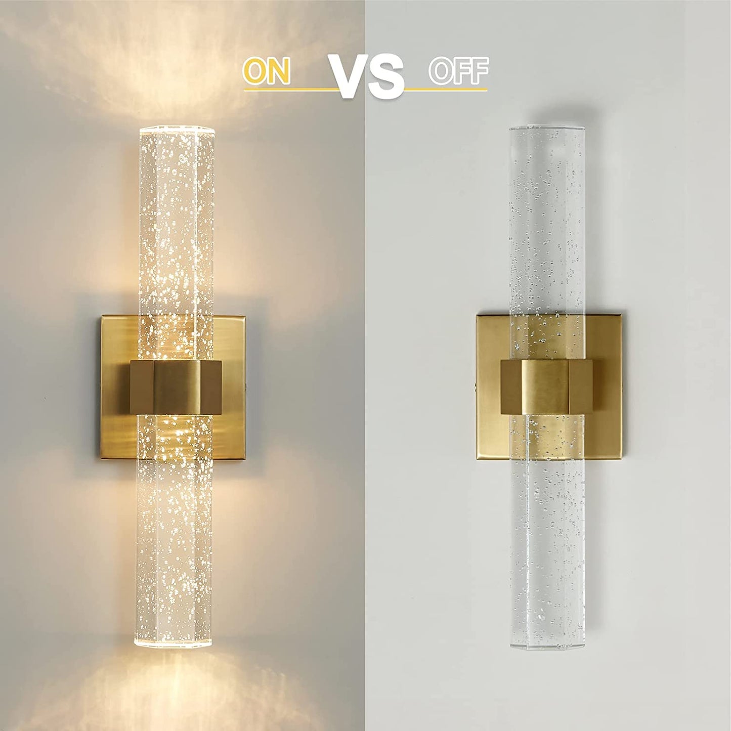 Wall Sconces Lighting Set of Two - Epinl Crystal Bathroom Light Fixture LED Gold Sconces Wall Lighting with Bubble Glass 15.7inch Indoor Vanity Lights for Bathroom Hallway Bedroom Living Room (2 Pack)