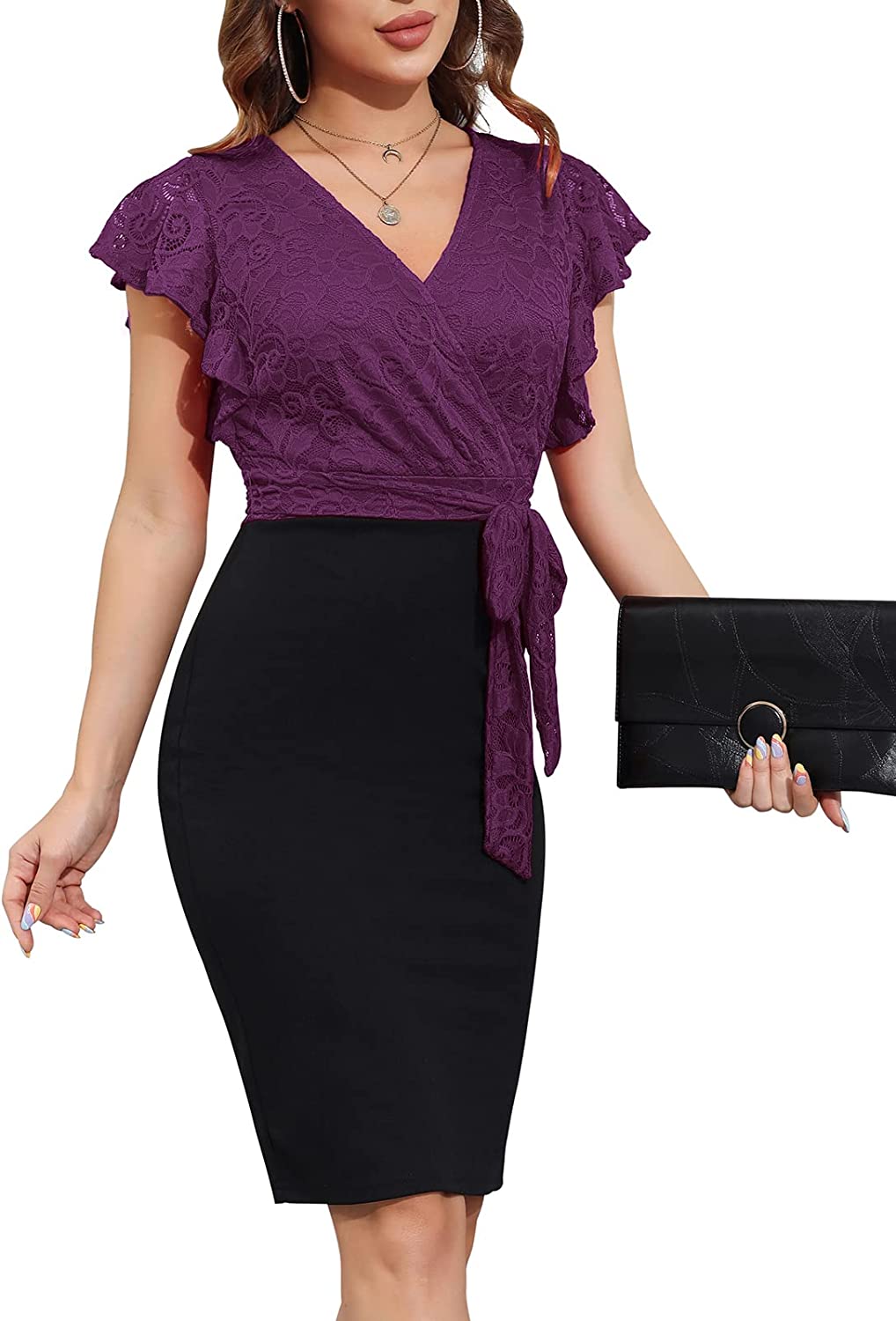 Wedding Guest Dresses for Women Wrap Short Sleeve Elegant Lace Cocktail Dress V Neck