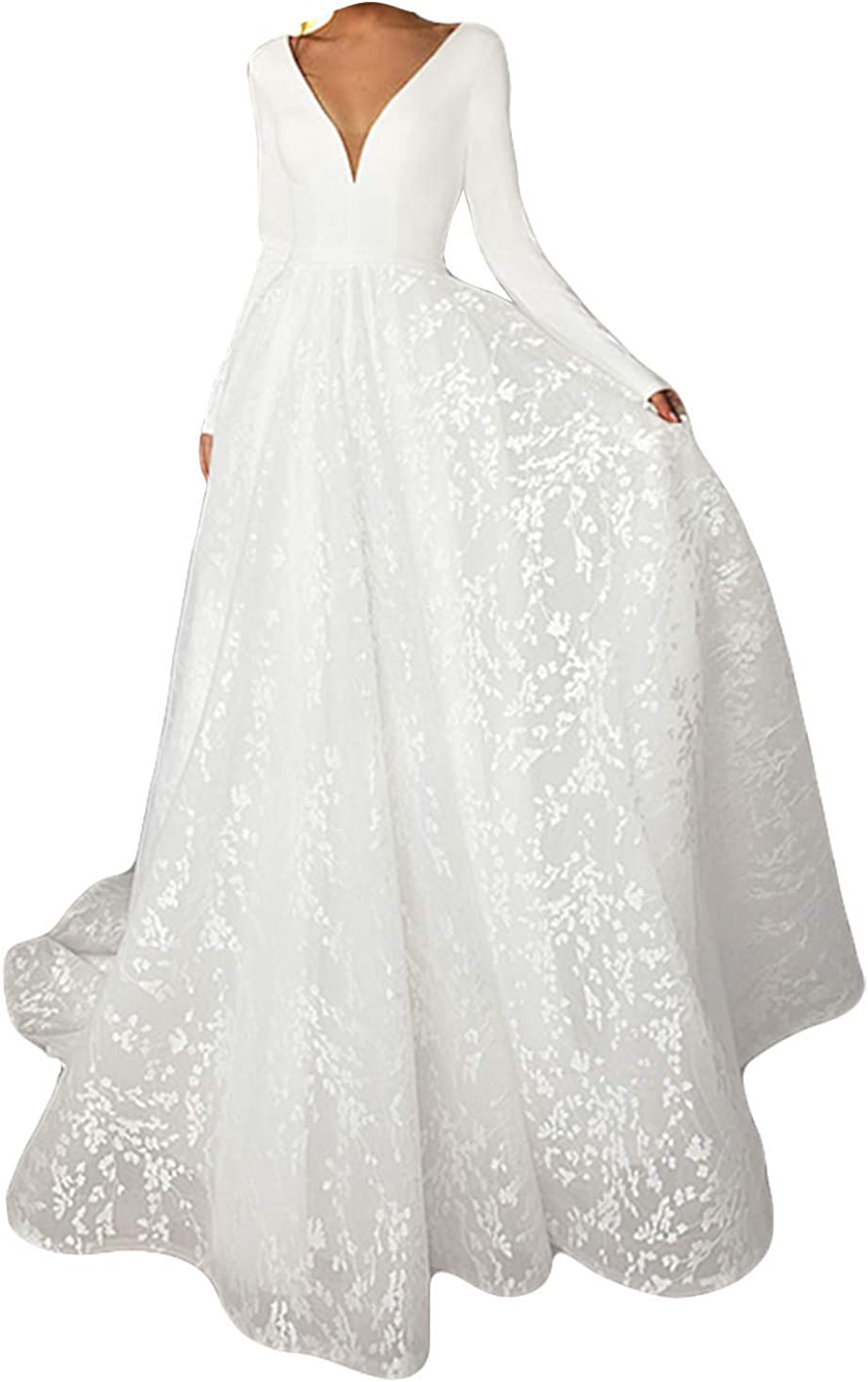Women's Lace Chiffon Beach Wedding Dresses for Bride 2022 with Sleeves Long Bridal Gown