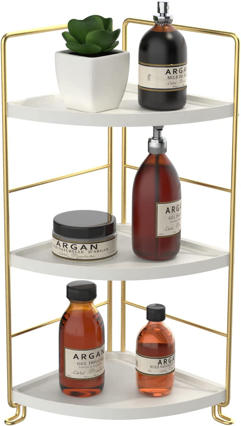 3-Tier Bathroom Organizer Countertop,Bathroom Makeup Organizer White Vanity Tray or Kitchen Spice Rack Perfume Organizer Cosmetic Display Cases (Gold)