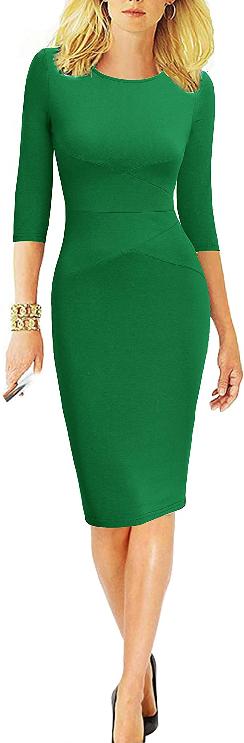 Women 3/4 Sleeve Striped Wear to Work Business Cocktail Pencil Dress