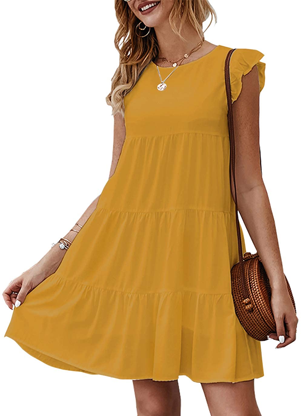 Women’s Summer Dress Sleeveless Ruffle Sleeve Round Neck Mini Dress Solid Color Loose Fit Short Flowy Pleated Dress