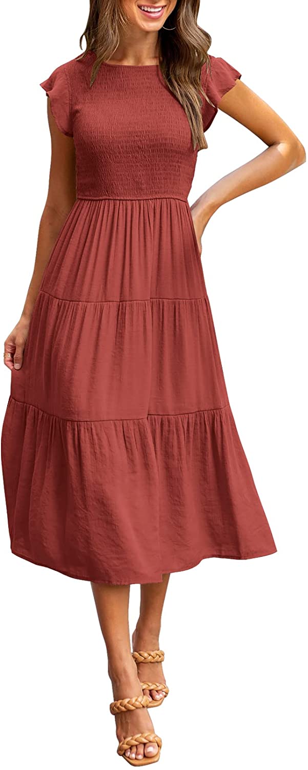 Women's Summer Casual Midi Maxi Dress Boho Flutter Sleeve Smocked A-Line Long Dress