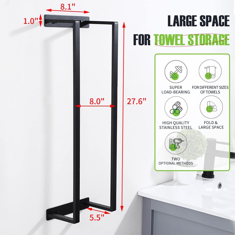 Towel Racks for Bathroom, Wall Mounted Bath Towel Holder, Drilling & Adhesive No Drilling Stainless Steel Bathroom Organization Towel Shelf Holder for Washcloths Hand or Bath Towels, Black