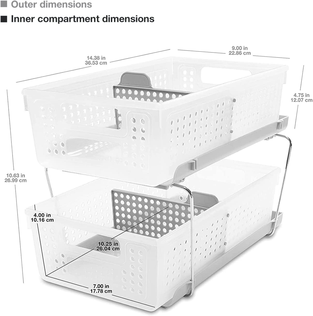 madesmart 2-Tier Organizer, Multi-Purpose Slide-Out Storage Baskets with Handles and Dividers, Frost
