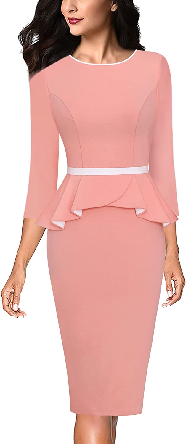 Womens Crew Neck Peplum Colorblock Work Business Office Bodycon Pencil Dress