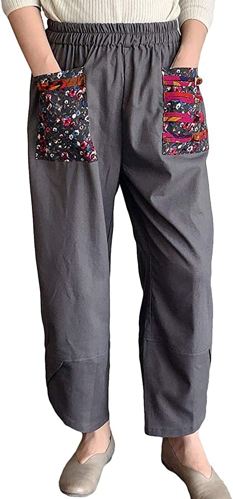 Women's Baggy Linen Wide Leg Trousers Casual Patchwark Elastic Waist Harem Pants