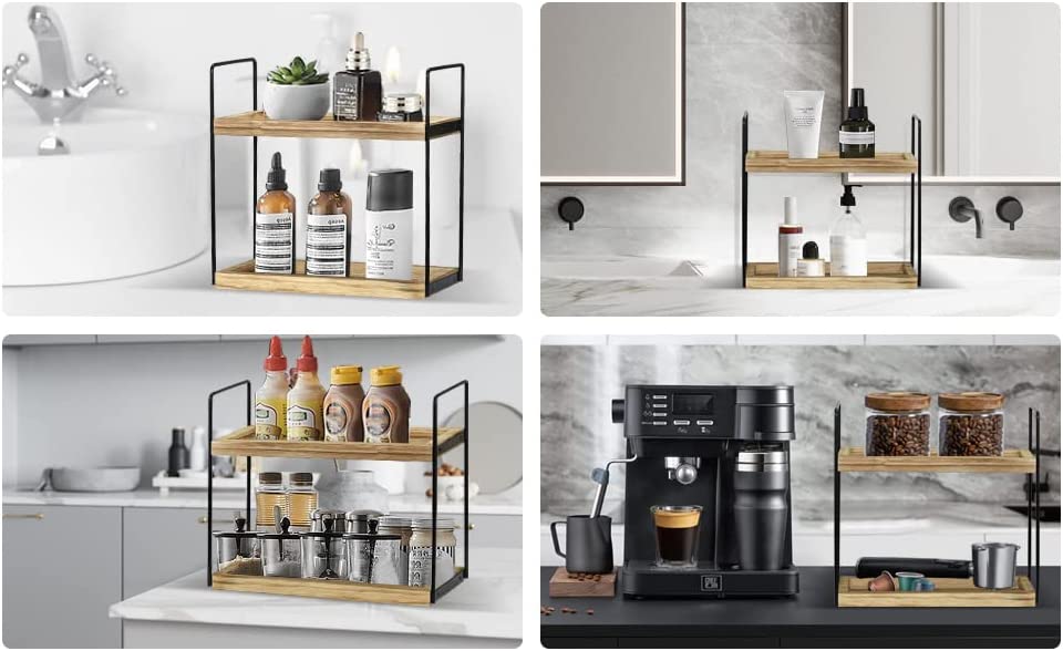 2-Tier Bathroom Organizer Cuntertop, Wood Bathroom Counter Organzier and Storage Shelf, Vanity Organizer Bathroom Counter Tray Cosmetic Makeup Shelf, Kitchen Counter Organizers Spice Rack
