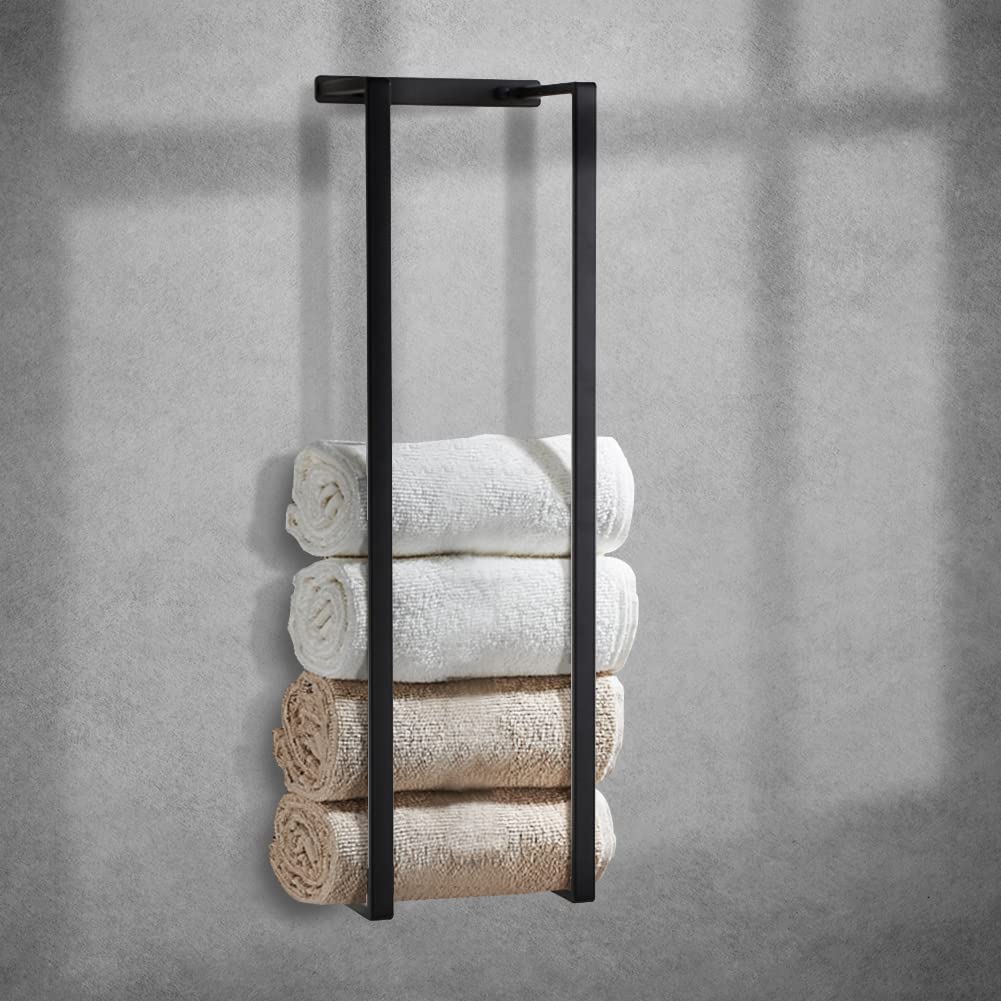 Towel Racks for Bathroom, Wall Mounted Bath Towel Holder, Drilling & Adhesive No Drilling Stainless Steel Bathroom Organization Towel Shelf Holder for Washcloths Hand or Bath Towels, Black