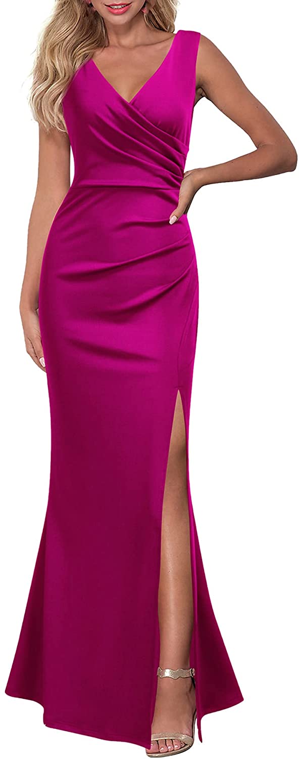 Women Sleeveless V Neck Split Evening Cocktail Long Dress