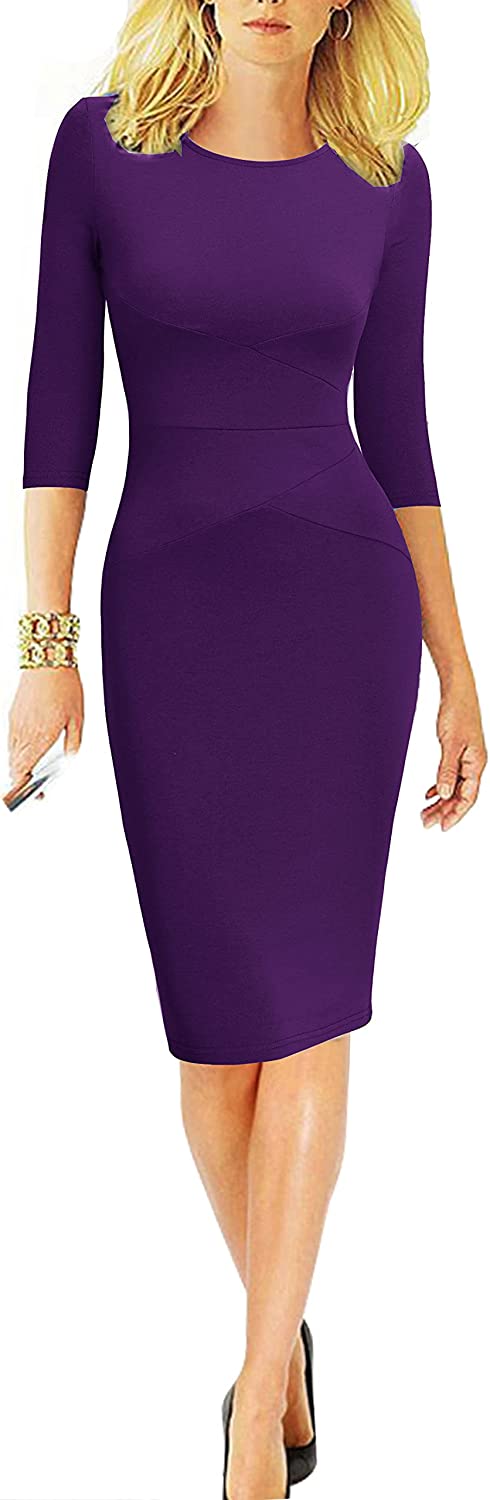 Women 3/4 Sleeve Striped Wear to Work Business Cocktail Pencil Dress