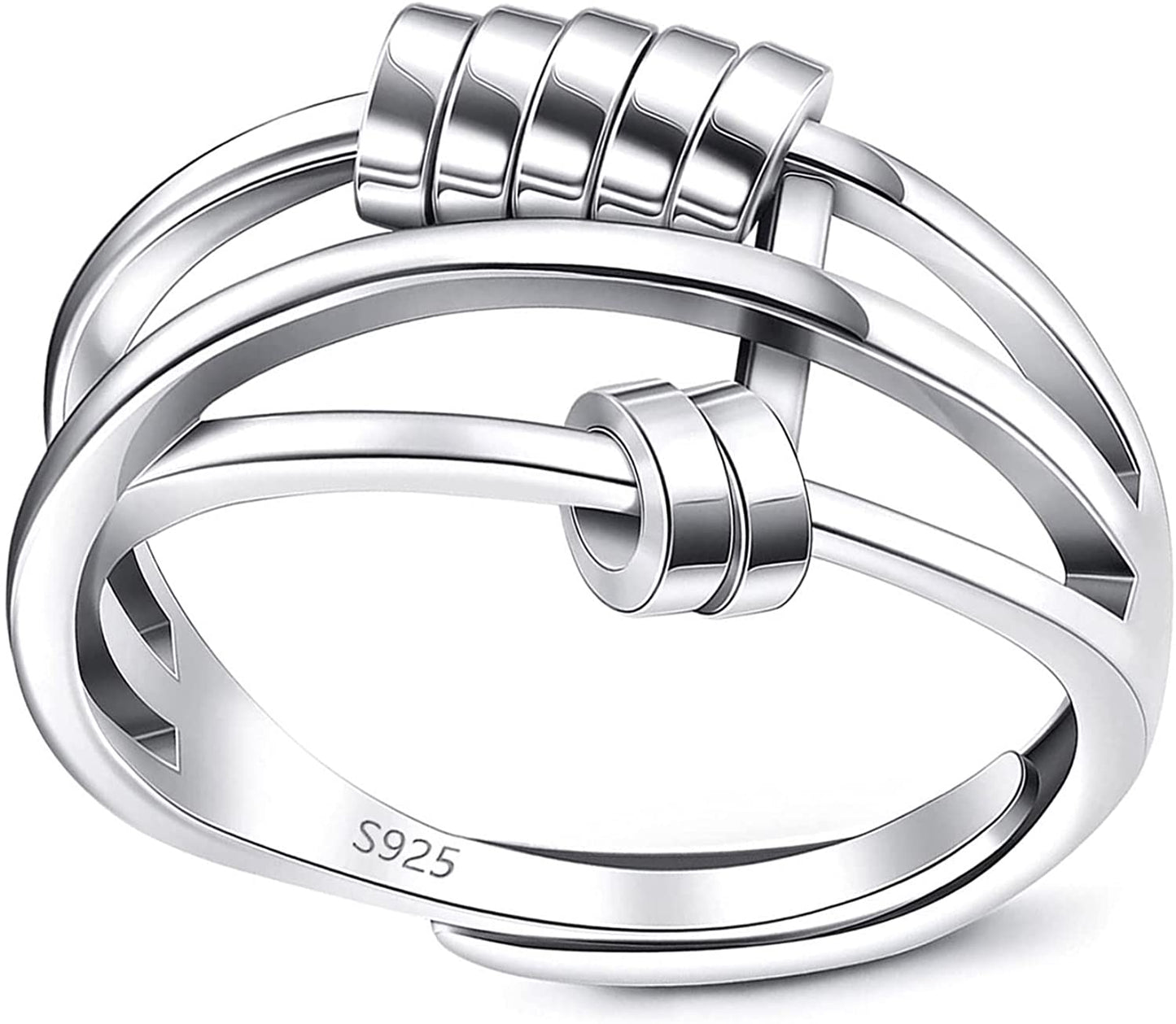 925 Sterling Silver Anti Anxiety Ring for Women Men Anxiety Relief Ring with Beads Spinning Rings for Anxiety Fidget Spinner Anxiety Ring Adjustable Minimalist Rings