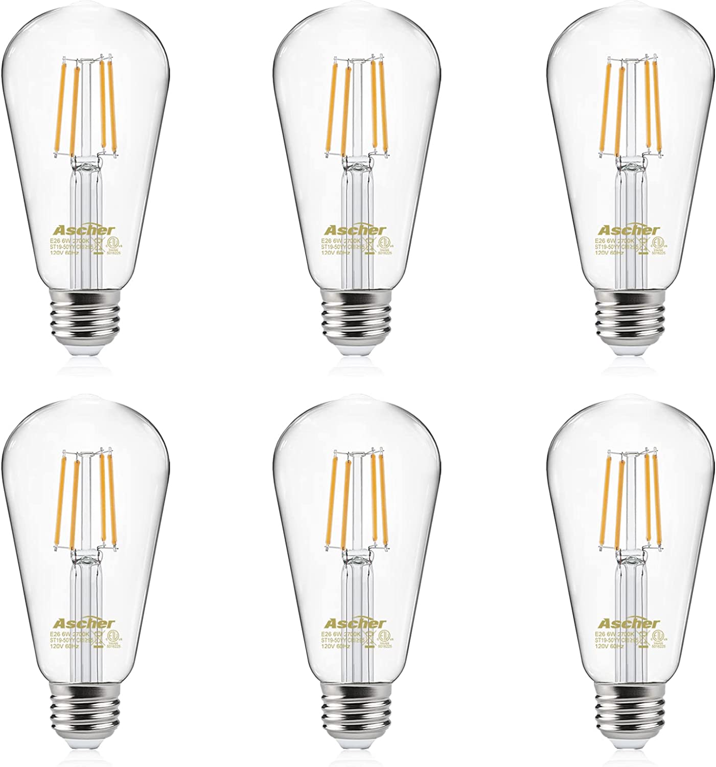 Ascher Dimmable LED Edison Bulbs 60 Watt Equivalent, Eye Protection Led Bulb with 95+ CRI, Warm White 2700K, ST58 Vintage LED Filament Bulbs, E26 Base, Pack of 6