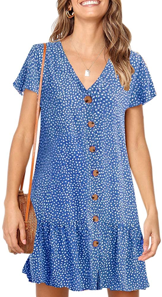 Womens Polka Dot V Neck Button Down Ruffles Loose Mini Short T-Shirt Dress