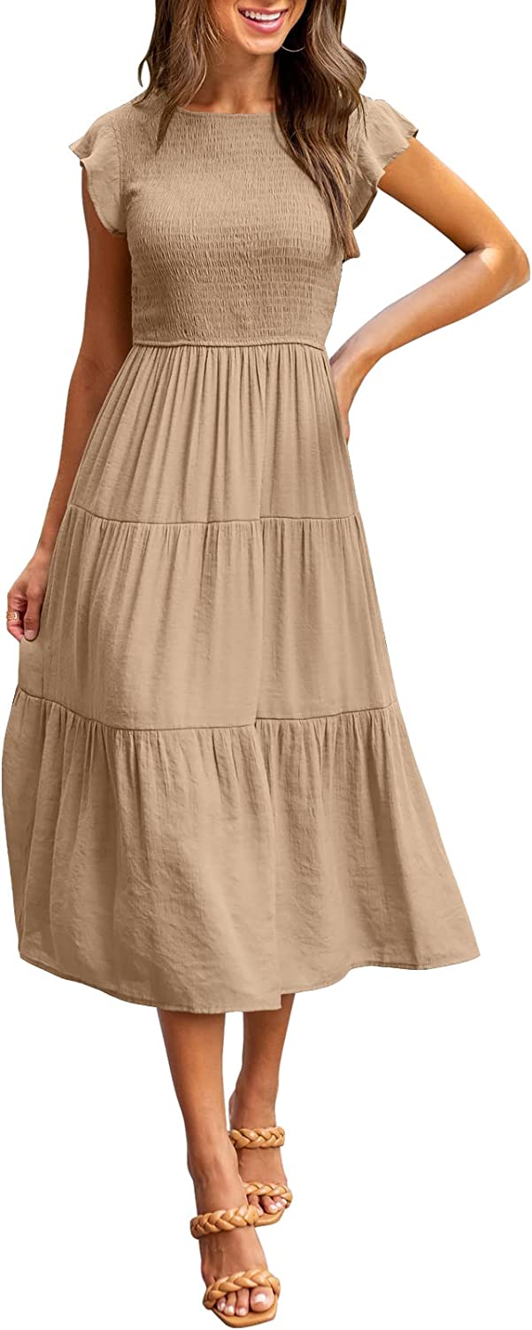Women's Summer Casual Midi Maxi Dress Boho Flutter Sleeve Smocked A-Line Long Dress